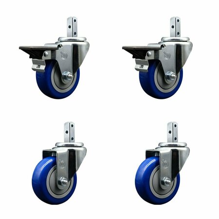 SERVICE CASTER 3.5'' Blue Polyurethane Wheel Swivel 3/4'' Square Stem Caster Set 2 Brake, 4PK SCC-SQ20S3514-PPUB-BLUE-PLB-34-2-S-2